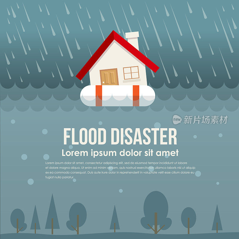 洪水灾害与家园上的生命环在洪水和雨水矢量设计