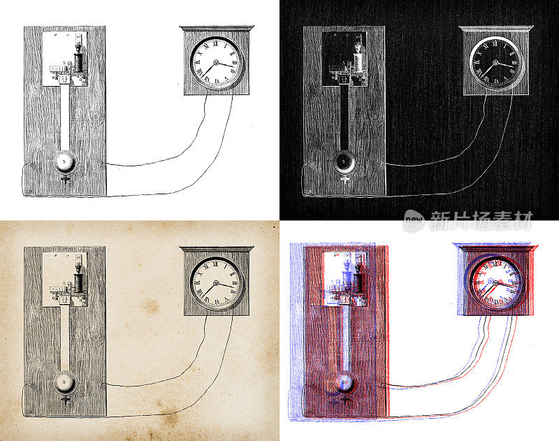 科学发现的古董插图，电力:时钟