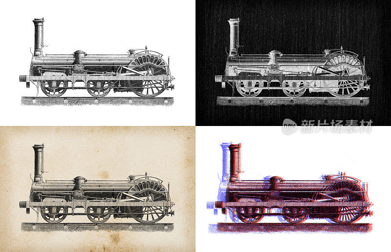 科学发现的古董插图:蒸汽动力机车