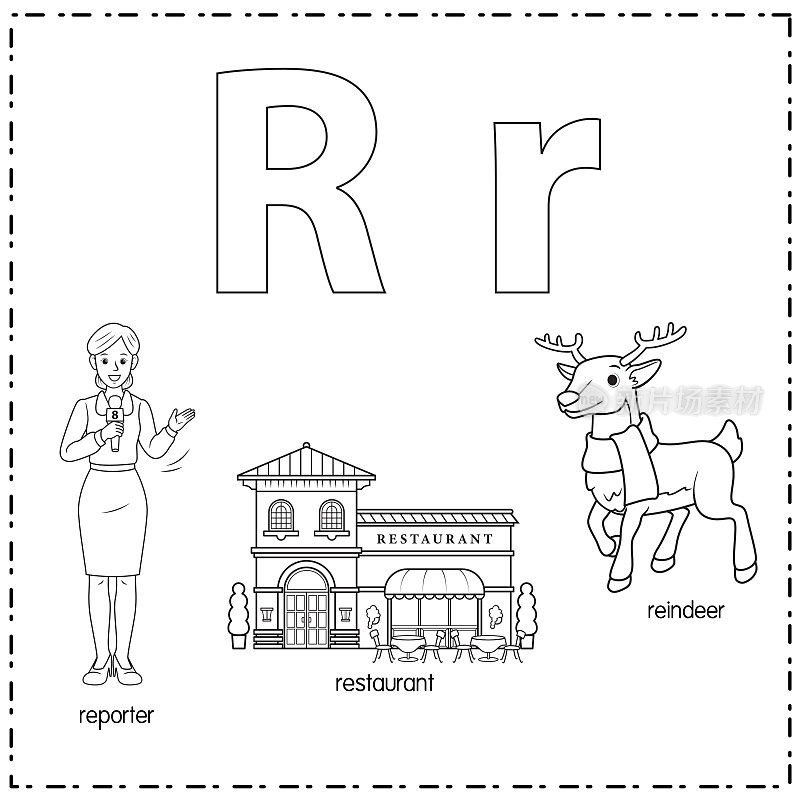 向量插图学习字母R的小写和大写的儿童与3卡通图像。记者餐厅驯鹿。