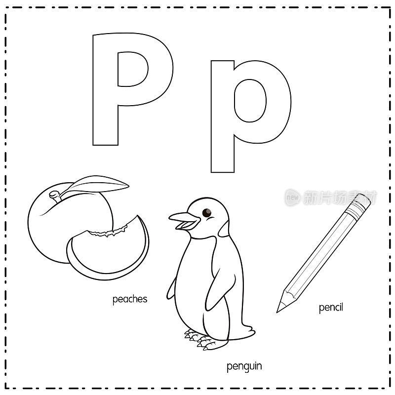 向量插图学习字母P的小写和大写的儿童与3卡通图像。桃子企鹅铅笔。