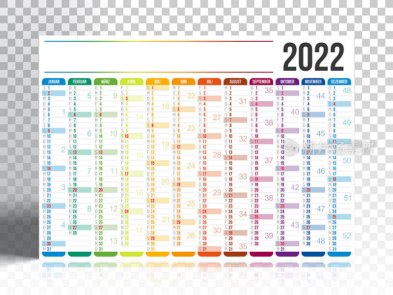 空白背景的2022年德国日历