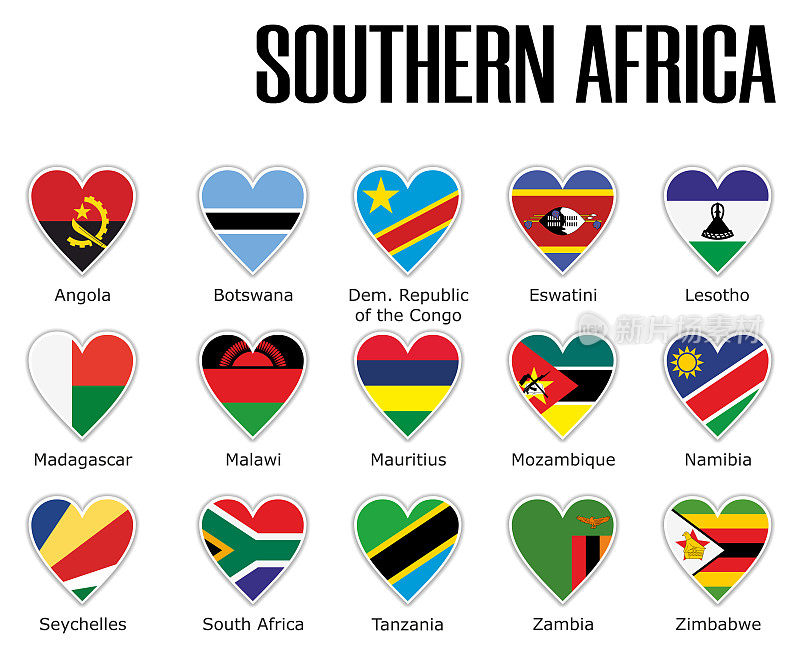 将南部非洲的旗帜用阴影和白色轮廓印上名字