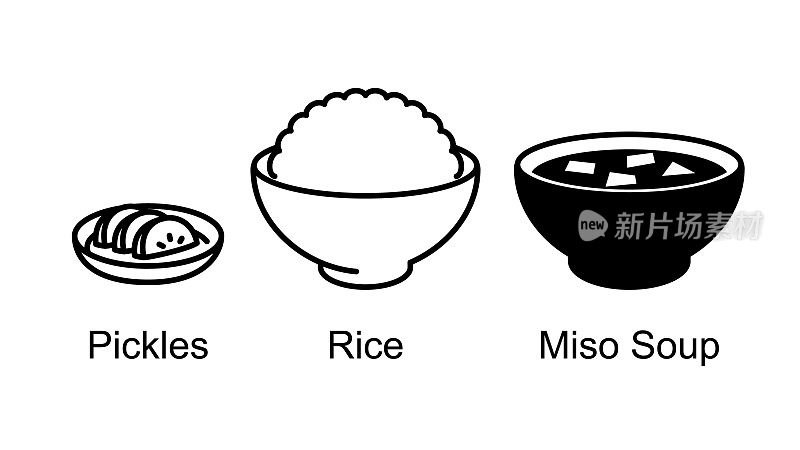 日本料理，米饭，酱汤，腌萝卜。