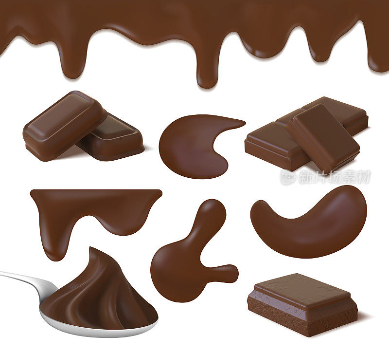 现实的巧克力奶油水坑，可可黄油和块块。黑巧克力在勺子上旋转，液体糖霜边界和融化滴向量集合