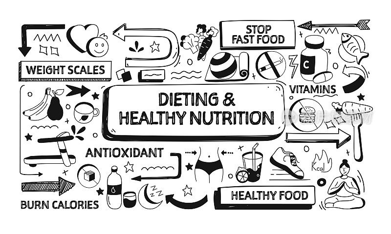 节食和健康营养相关的涂鸦插图。现代设计矢量插图的网站横幅，网站标题等。
