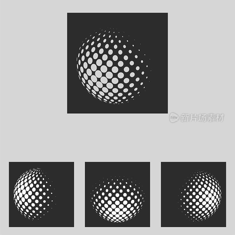 向量集极简主义形状半色调单色球体标志孤立在黑色背景
