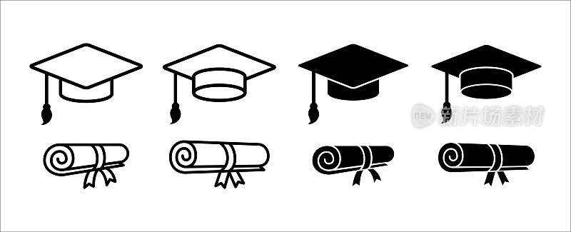 毕业帽图标设置。大专以上学历，本科或硕士学历。学士帽和滚动标志。向量股票插图