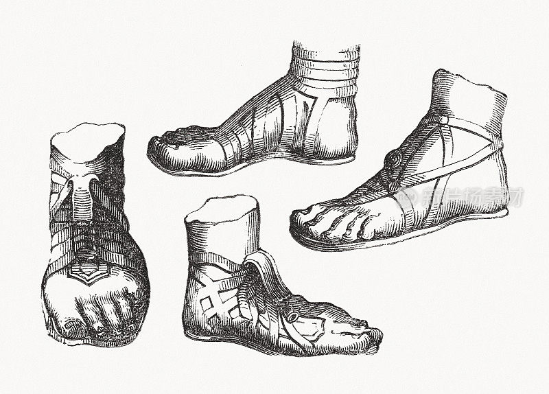 古时候各种凉鞋，木刻，1862年出版