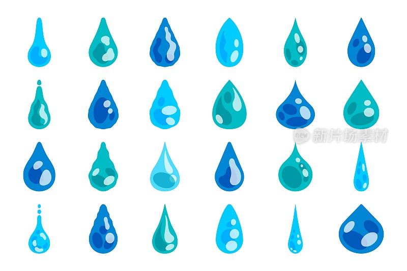 水滴。卡通晨露和雨滴，纯矿泉水符号图形模板，落下的果汁或油滴