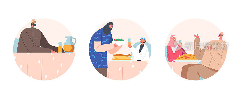 斋月节日庆祝圆形图标。传统的阿拉伯家庭老人和年轻人坐在桌边吃宵夜