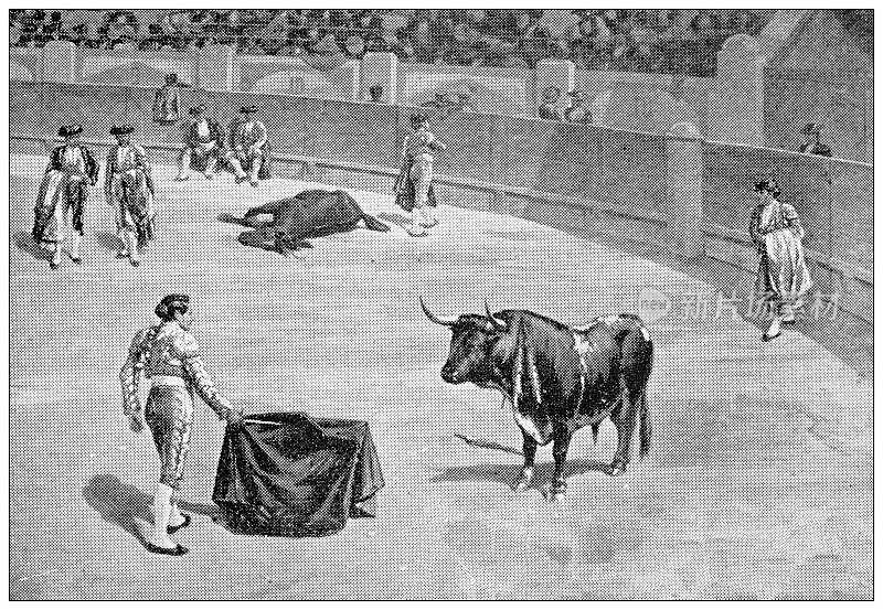 西班牙的古董旅行照片:斗牛在马德里的拉斯班塔斯斗牛场圆形剧场
