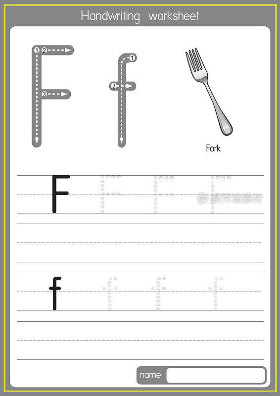 矢量插图叉子与字母F大写字母或大写字母的儿童学习练习ABC