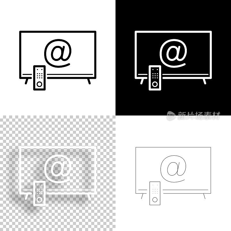 带有At符号的电视。图标设计。空白，白色和黑色背景-线图标