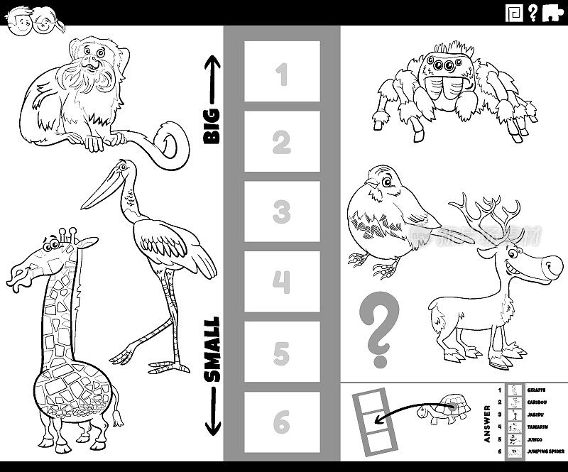最大和最小的动物卡通游戏涂色书页