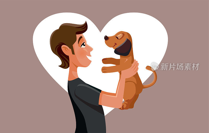 男子抱着他的宠物小狗狗矢量卡通插图