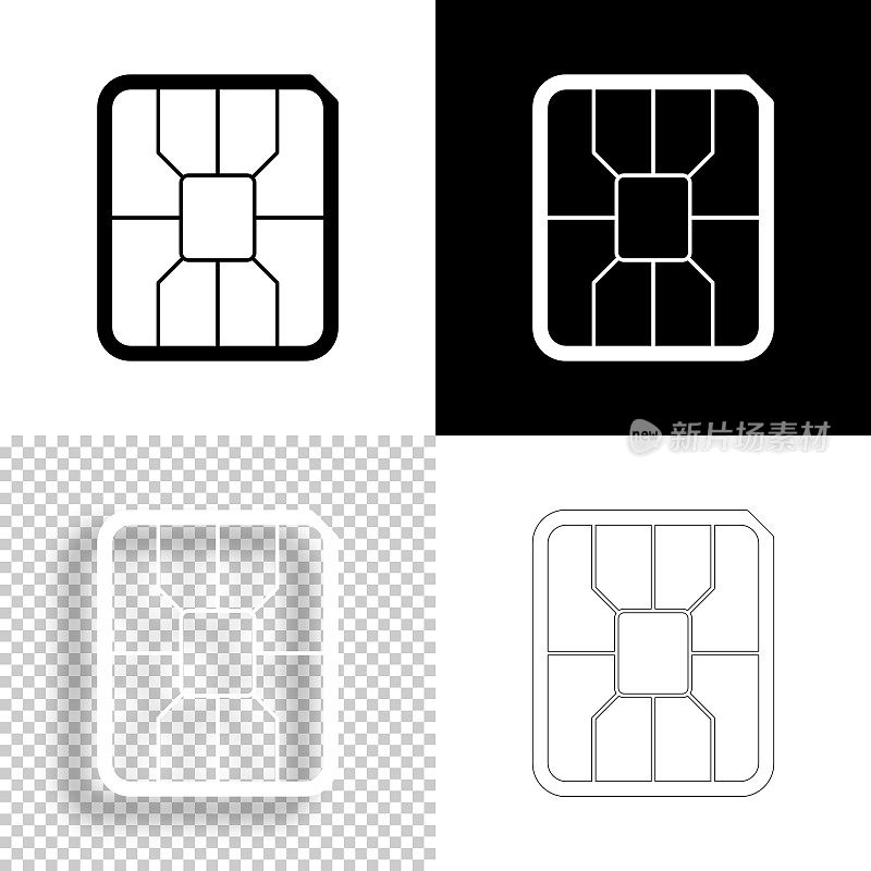 纳米SIM卡。图标设计。空白，白色和黑色背景-线图标