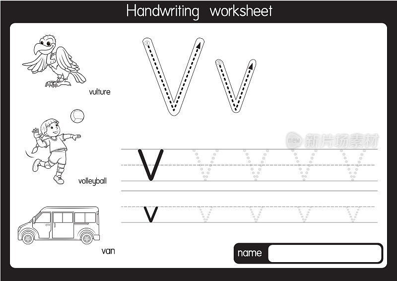 矢量插图秃鹫与字母V大写字母或大写字母为儿童学习实践ABC