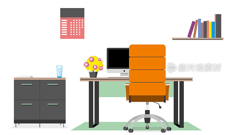 现代办公室的工作场所。内阁。创意工作空间，办公室内部。现代的计算机协同办公中心。彩色橙色矢量插图