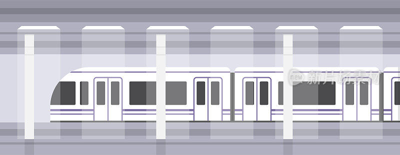 地铁，地下站台配有现代化列车。地铁火车。矢量插图。
