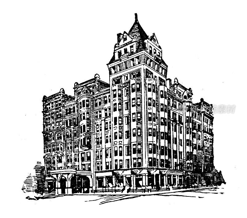 古董插图美国，俄亥俄州的地标和公司:克利夫兰，霍伦登酒店