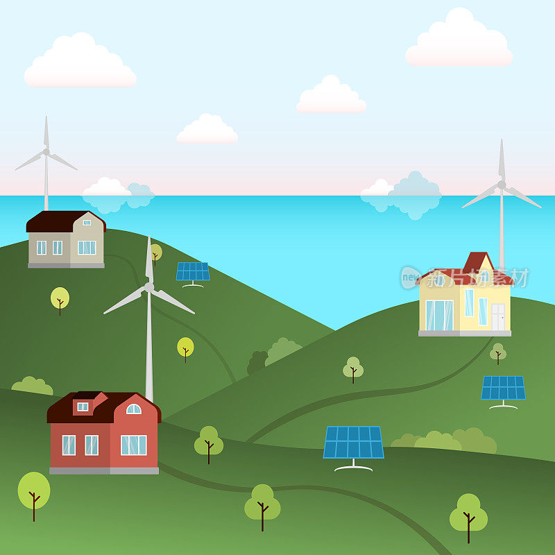 一个小镇在一个生态干净的地方站在山上。为该村供电的清洁能源形象。在海洋和云的背景矢量插图。