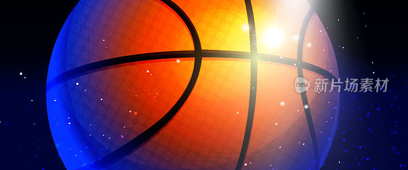 现实主义风格的团队竞赛、运动和胜利概念。篮球在聚光灯下的彩色抽象背景。