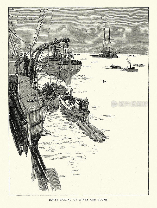 1888年，19世纪，英国皇家海军的军舰发现水雷和栅栏