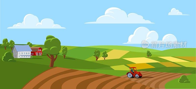 农场与阳光草地，农村的房子和谷仓，农村景观平面矢量插图。