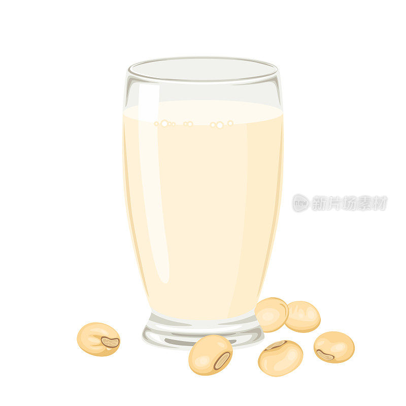 豆浆放在玻璃杯里，黄豆放在白色背景上。矢量卡通平面插图。健康的素食喝。