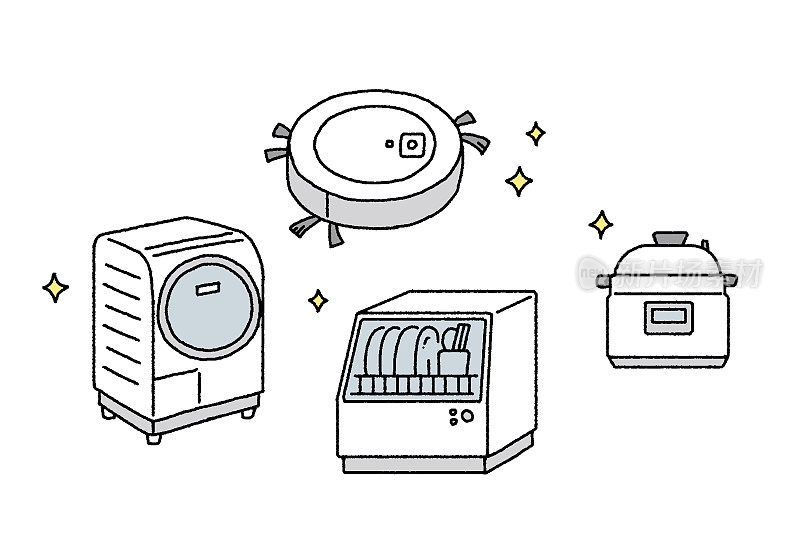 简单触摸插画一套省时电器洗衣机机器人吸尘器洗碗机