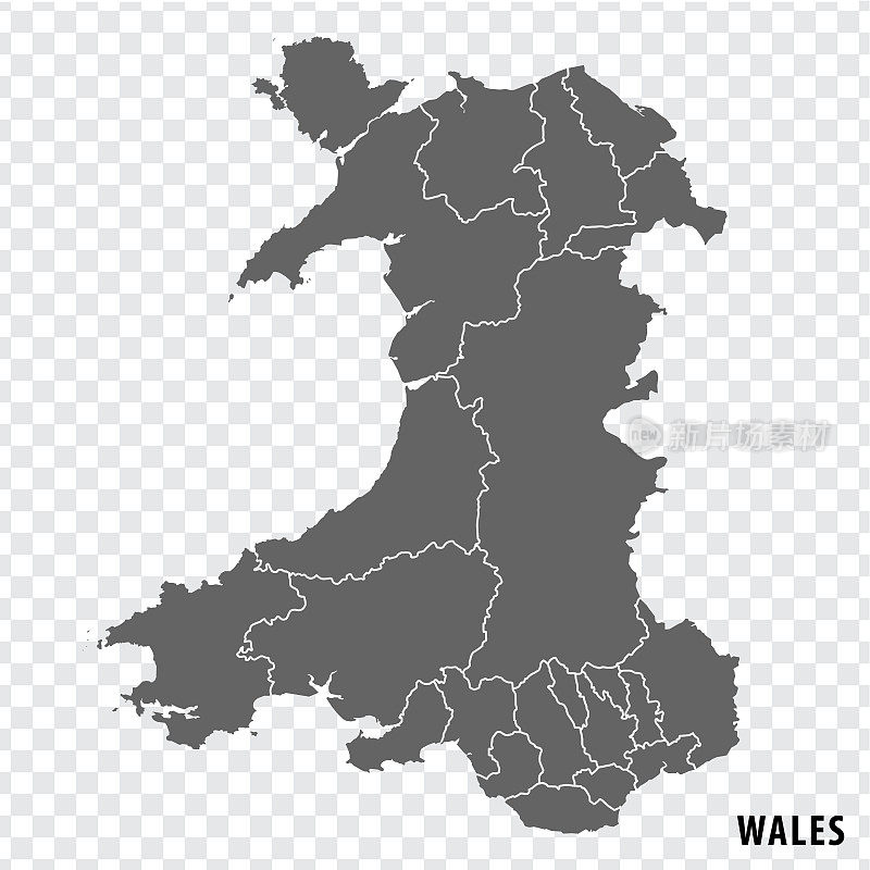 威尔士的空白地图。高质量的地图与威尔士地区的透明背景为您的网站设计，应用程序，用户界面。联合王国。EPS10。