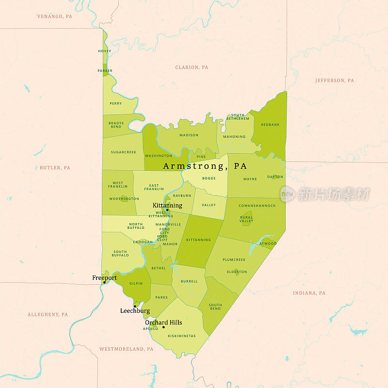 PA阿姆斯特朗县矢量地图绿色