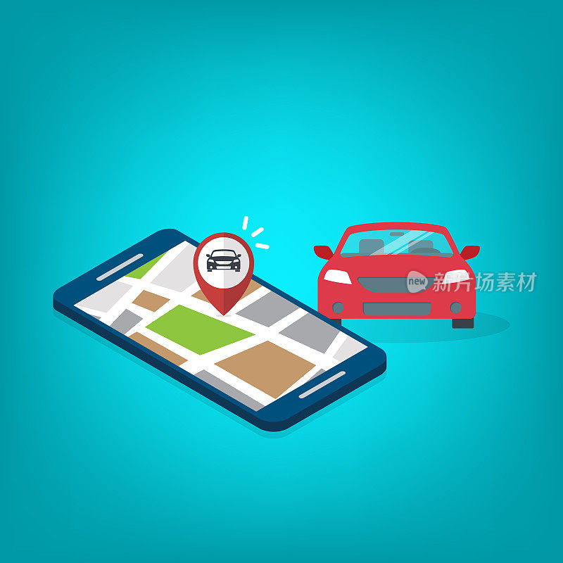 移动GPS导航，旅游旅游理念。矢量地图上的手机和汽车GPS坐标。智能手机导航上的城市道路和街道搜索。