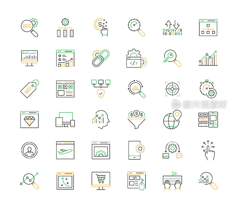 SEO相关矢量线图标。大纲符号集合