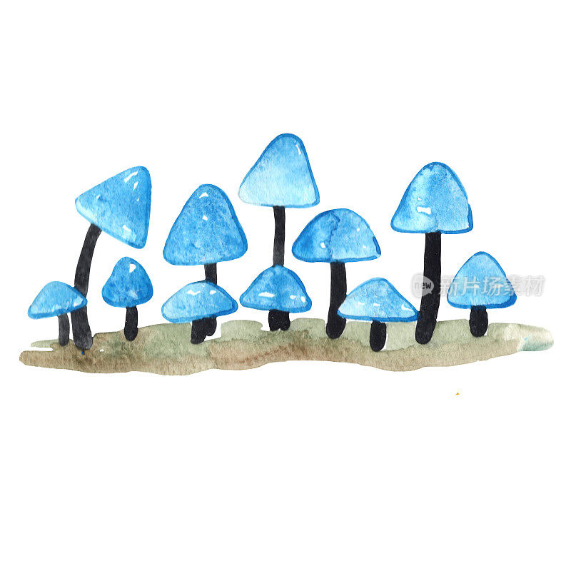 神话蓝色蘑菇在花园地板边花圈水彩插图装饰童话和秋天。
