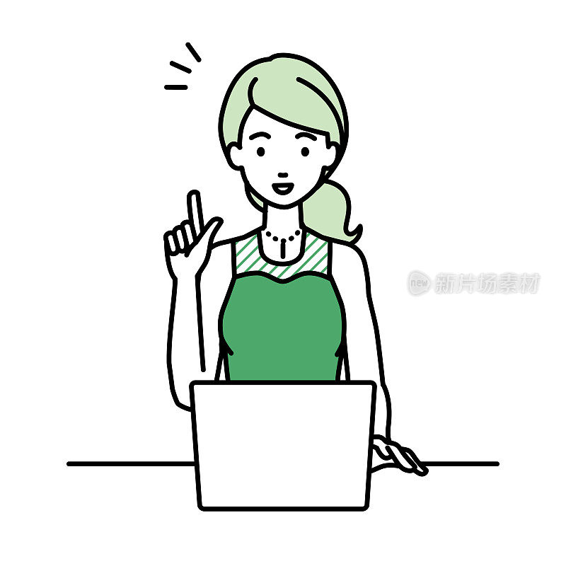 一个穿着裙子的女人用笔记本电脑在她的桌子上用手指来获取灵感