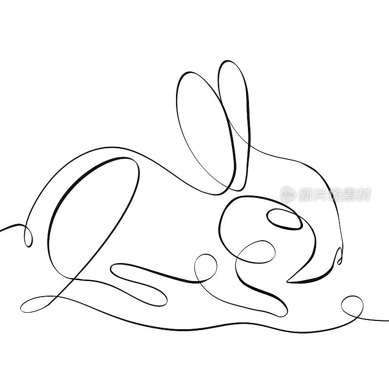 兔子插画在简单的一行风格，复活节兔子图标。图解的最小的黑白概念。连续画出兔子的线条。一条线画可爱的兔子剪影