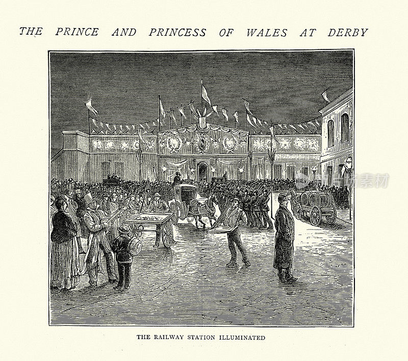 威尔士王子，后来的爱德华七世，参观德比，火车站灯火通明，19世纪70年代维多利亚