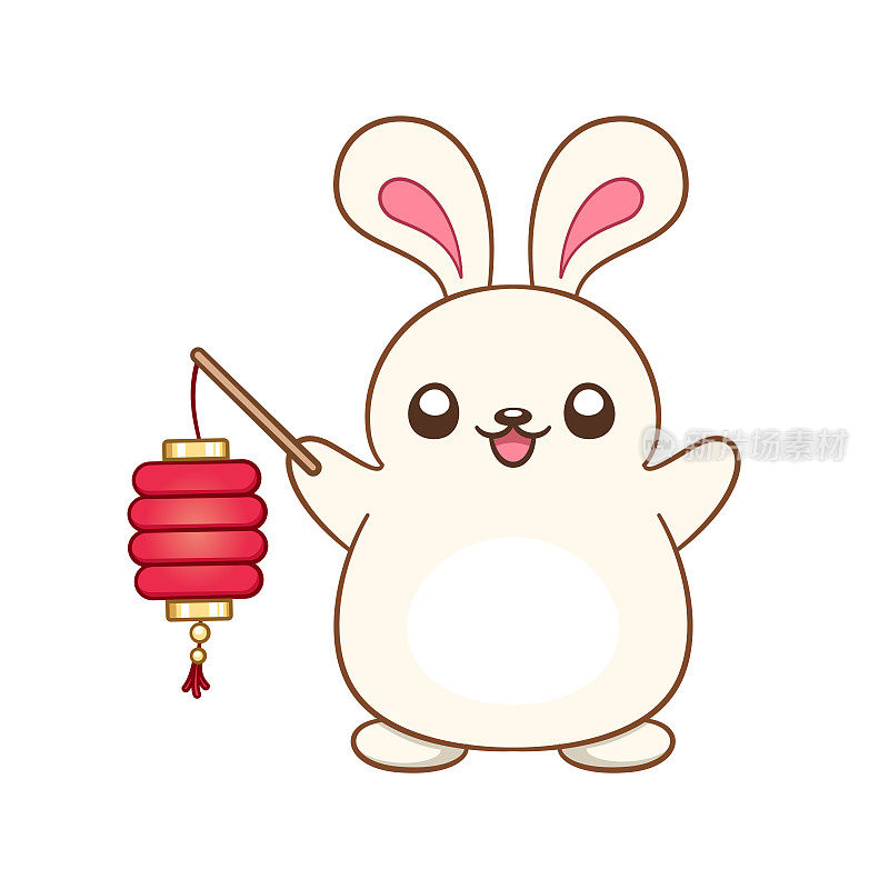 可爱的兔子拿着中国的卡通灯笼。中国生肖动物，兔年2023年，新年和中秋节的剪辑艺术。