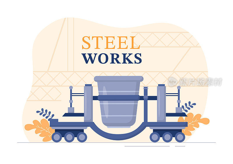 钢铁厂资源开采，金属冶炼在大型铸造和热钢浇注在平面卡通手绘模板插图