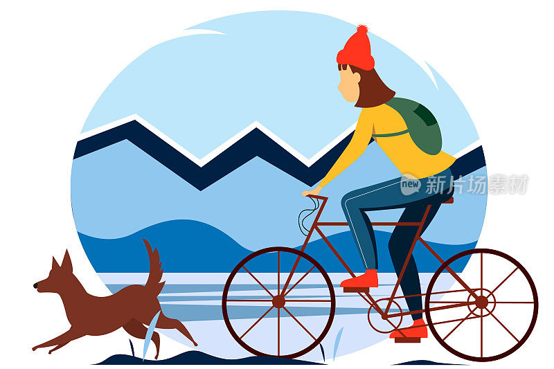 冬天森林里骑自行车的女人。讲解旅游、户外活动、骑行的概念。