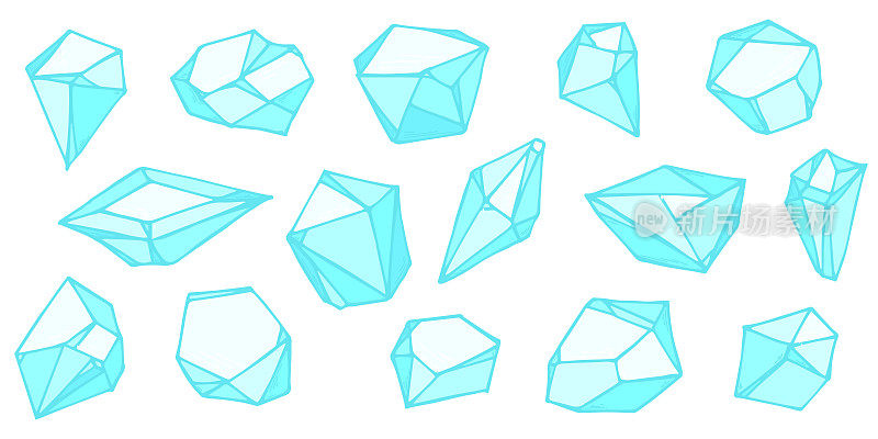 手绘水晶套装。几何宝石钻石矢量插图。玻璃剪贴画碎片。