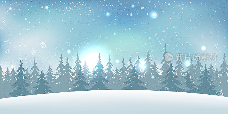 冬季圣诞森林降雪天空和小山