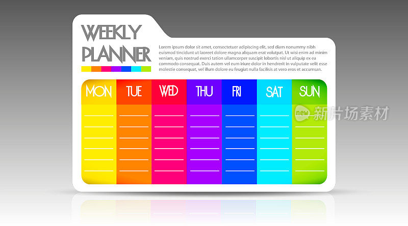 周报，日记，现代风格的计划理念。每周待办事项列表，以文件夹的形式在中性灰色背景上为文本留出空间。