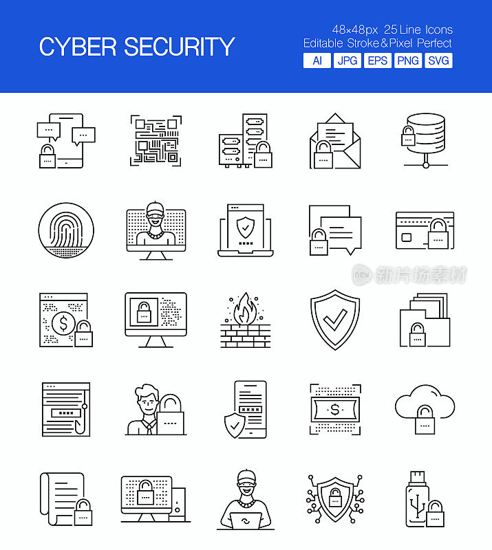 网络安全细线矢量图标集。设计是可编辑的，颜色可以改变。创意图标的矢量集:防火墙，黑客，云安全，网络钓鱼，网络安全，电子邮件病毒