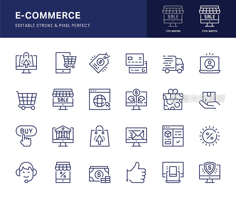 电子商务线路图标。这个图标集包括网上购物，送货车，价格标签，移动购物，信用卡购买等。