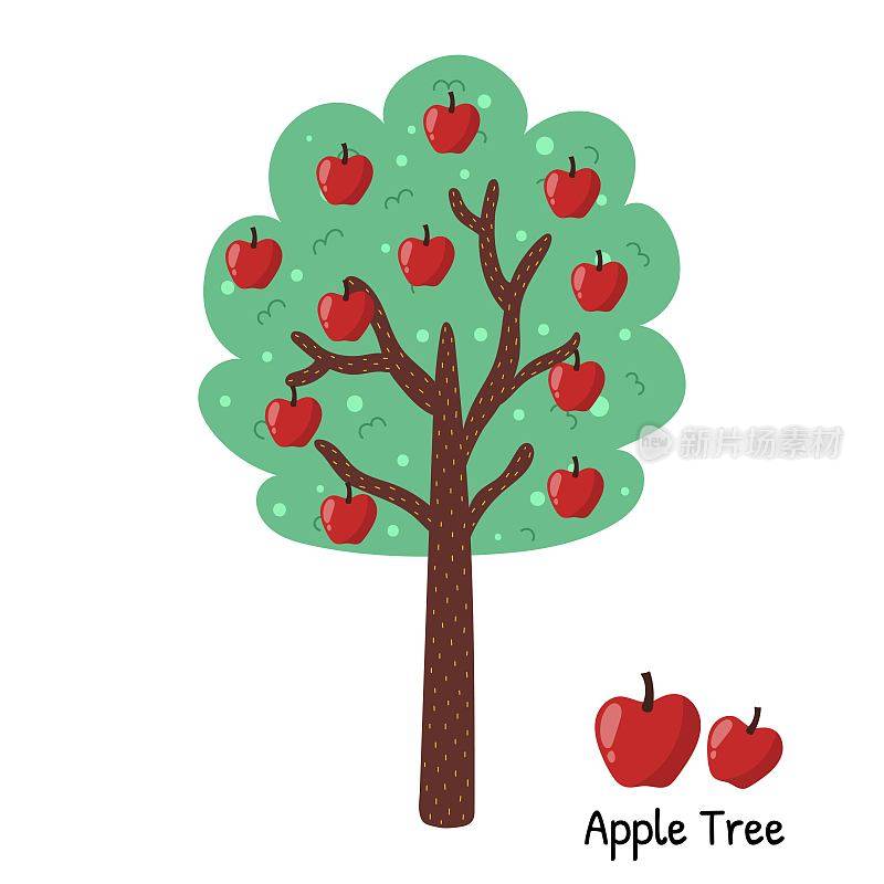 卡通风格的苹果树。农场和收获设计的果树隔离元素