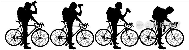 渴。骑自行车的人停下来喝水。骑自行车的女孩。一个戴着帽子，背着背包的女人站在自行车旁边喝水。四个黑人女性的剪影孤立在白色上