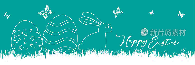 彩色背景上有兔子的彩蛋。节日线性插图在平面风格。